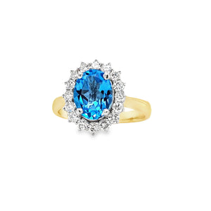 9ct Gold Swiss Blue Topaz & Diamond Cluster Ring