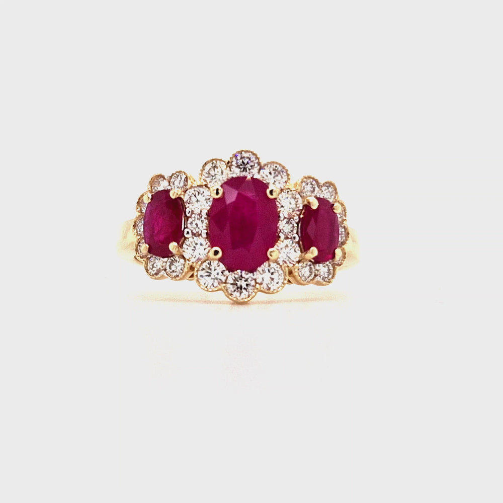 
                
                    Load and play video in Gallery viewer, 18ct Gold Ruby &amp;amp; Diamond 3 Stone Daisy Cluster
                
            