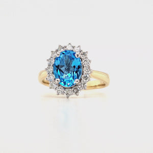 
                
                    Load and play video in Gallery viewer, 9ct Gold Swiss Blue Topaz &amp;amp; Diamond Cluster Ring
                
            